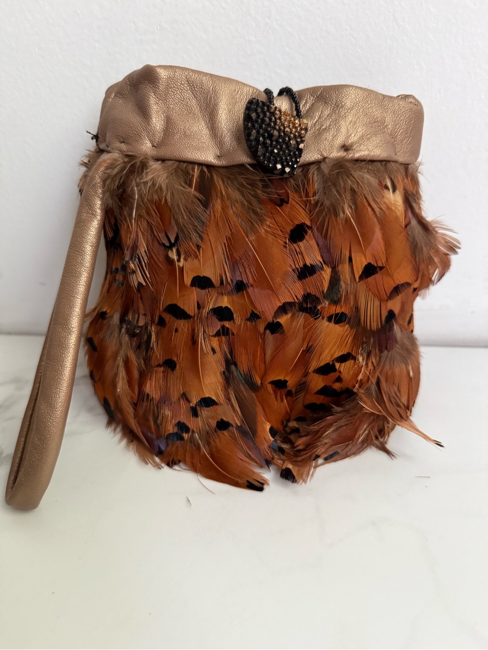 Kara Mia Pheasant Feather Beaded Shoulder Bag Bronze Boho Evening Purse